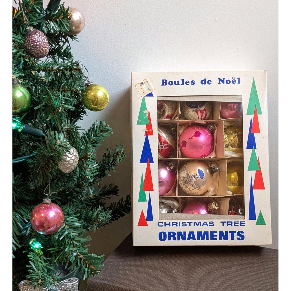 Vintage Glass Christmas Ornaments Boxed Set of 12 Mercury Glass Baubles Decor